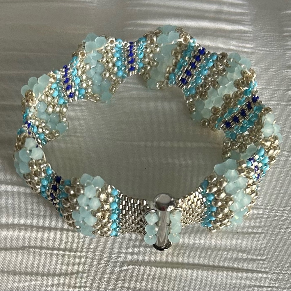 Intricate Blue and Silver Beaded Bracelet